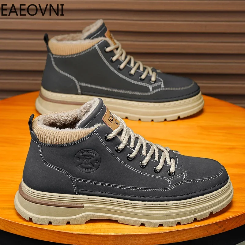 ผู้ชายรองเท้ารอบ Toe LACE-up Men BOOT กํามะหยี่หนาสวมใส่รองเท้าหนัง Man Hard-Wearing WARM Plush คลาสสิก