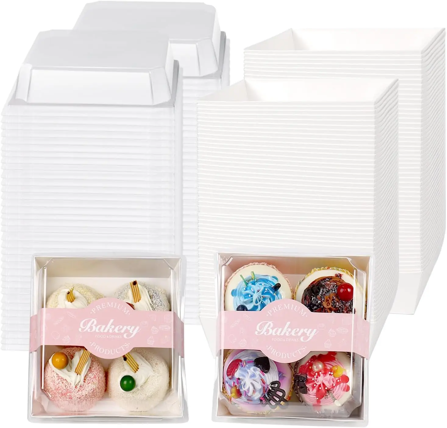 

100 Clear Lid Food Containers with Stickers, 5.3x4.9x2.5 Inch Disposable Boxes for Desserts Snacks Bakery