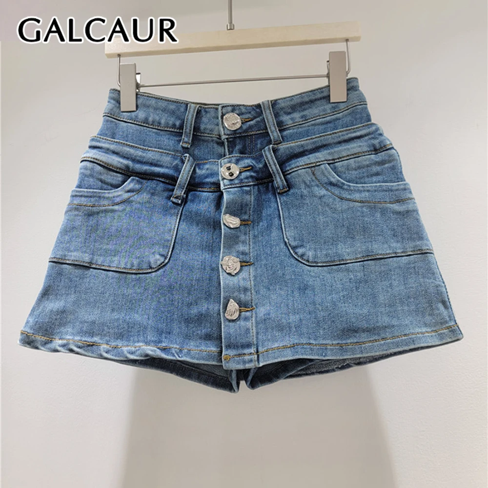 

GALCAUR Solid Slimming Spliced Single Buttons Minimalism Shorts for Women Patchwork Pockets Mini Short Female Fashion New Style