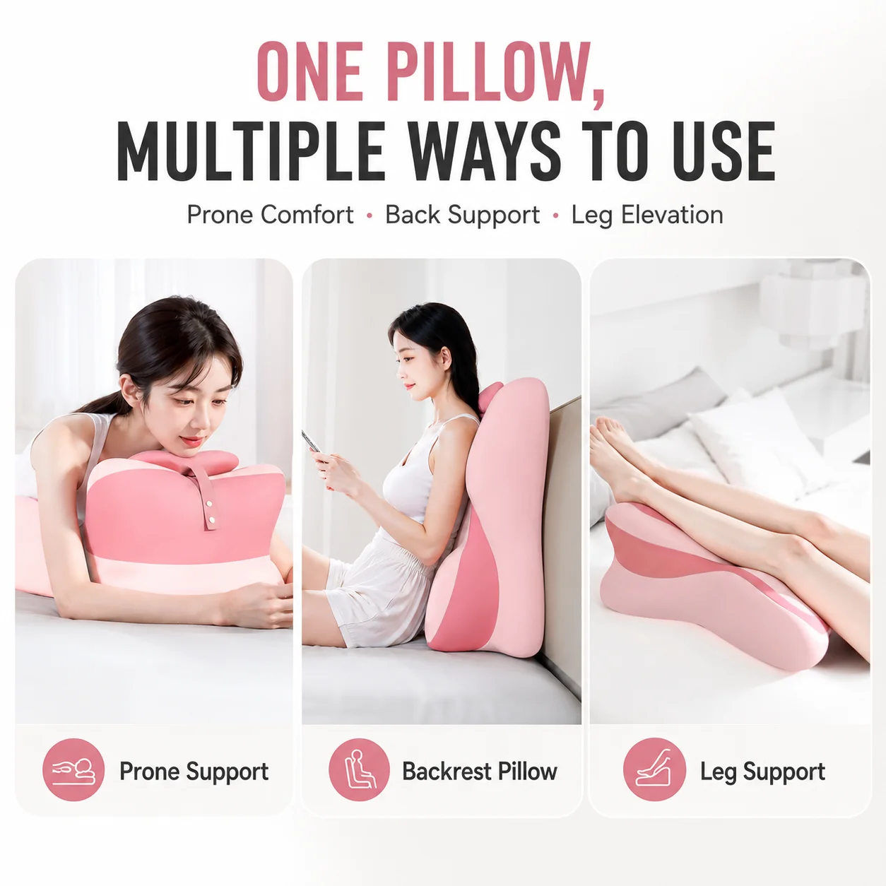 3-in-1 Memory Foam Support Pillow for Prone Reading Backrest Neck Support Leg Elevation with Detachable Adjustable Headrest