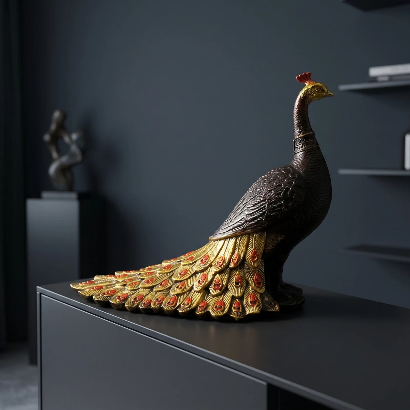 Peacock Figurine Carved Peacock Statue Bird Figurine Decorative Ornament Elegant for Homeowners, Mantel, Shelf view 4