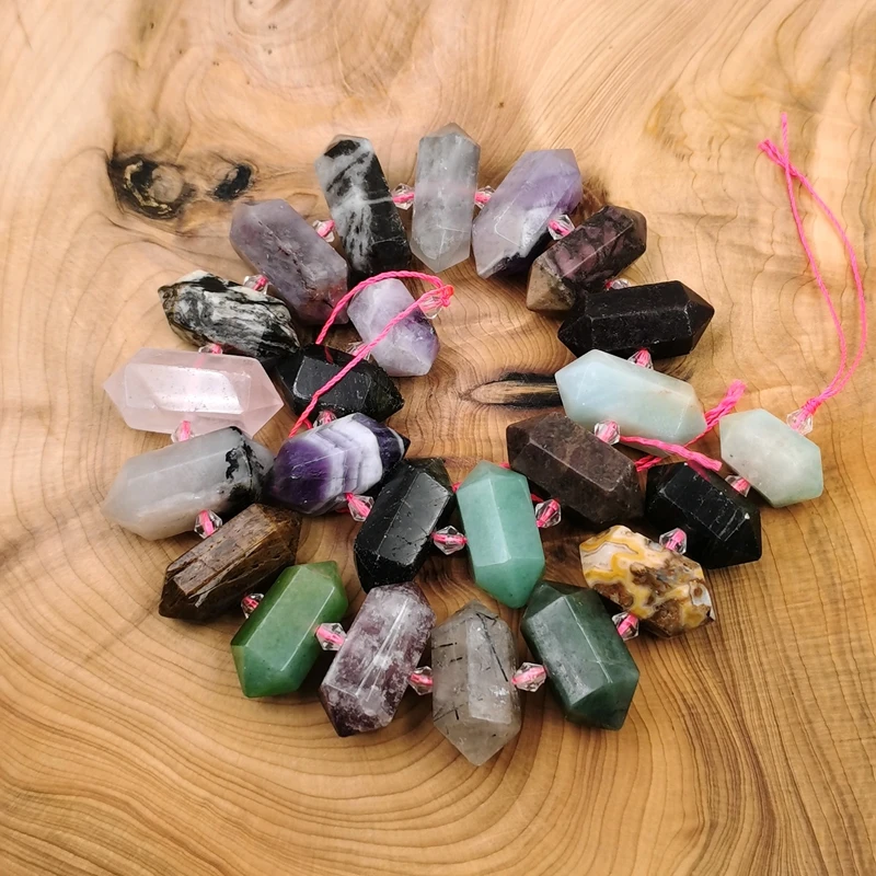 

Hexagon Multi Colors Natural Crystal Stone Loose Beads Strand Double Points Rose Quartz Amethyst Stripe Jewelry Making Necklace