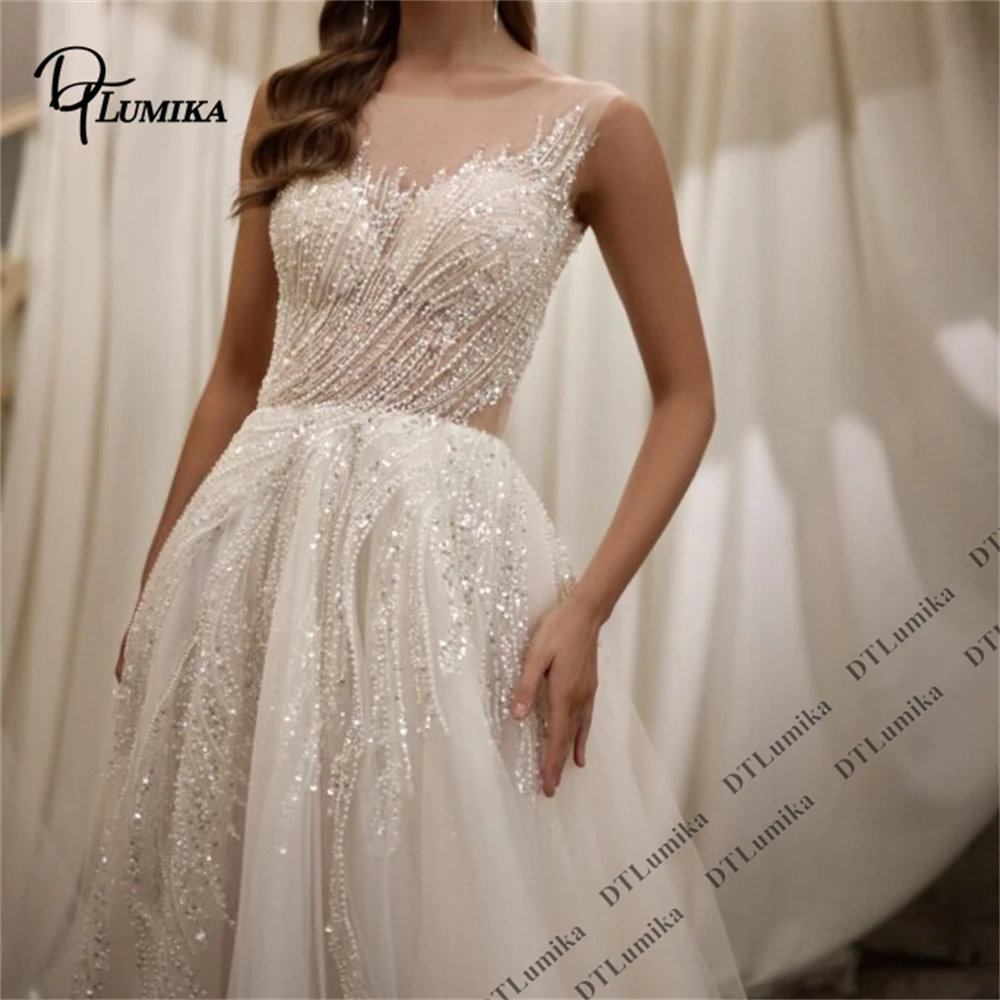 DTLumika Sequined Appliques Bride Dress 2026 Sheer Round Neck Sleeveless Illusion Wedding Dresses for Women, Customizable