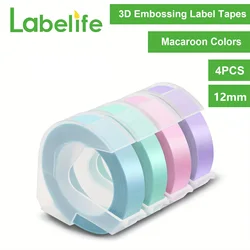 4pack 12mm Macaron Colors Plastic Tape 12mmx3m for Dymo Embossing Label Tape 12mm for DM1595 Label Maker Handheld Typewriter