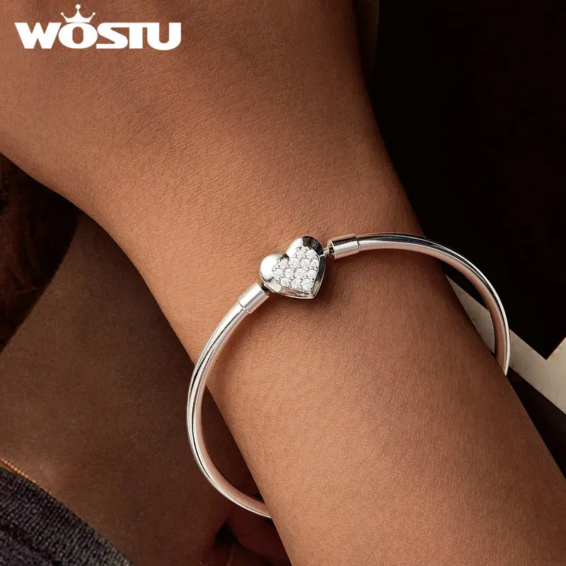 WOSTU Real 925 Sterling Silver Full of Zircon Love Heart Basic Bangle Bracelet Fit Original Charms Beads DIY Bithday Party Gift