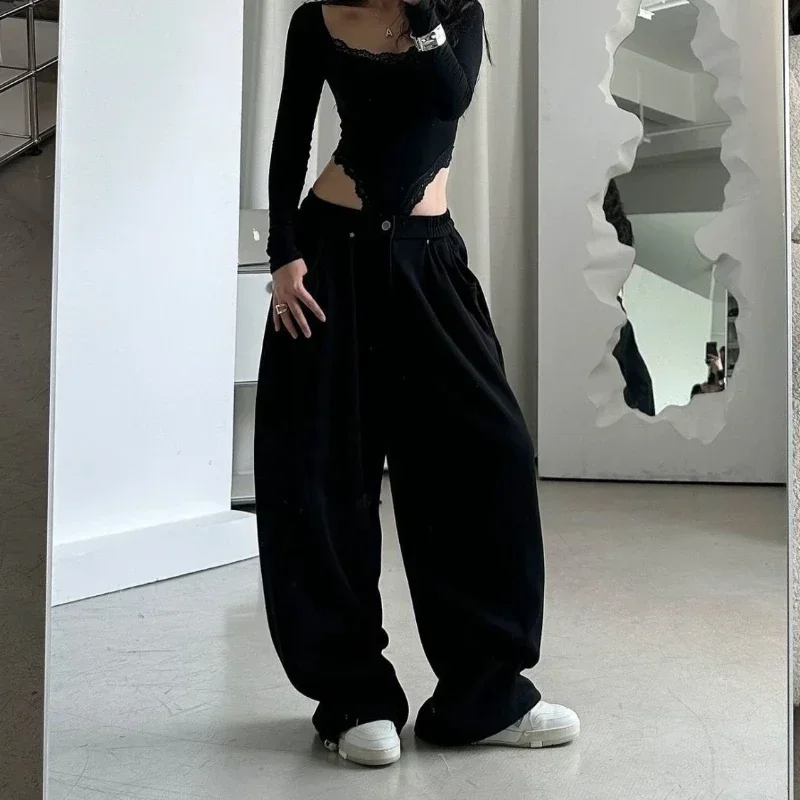 QWEEK Oversized Women Grey Sweatpants Y2k America Style Retro Baggy Pants Casual Sports Streetwear Hip Hop Trousers Joggers