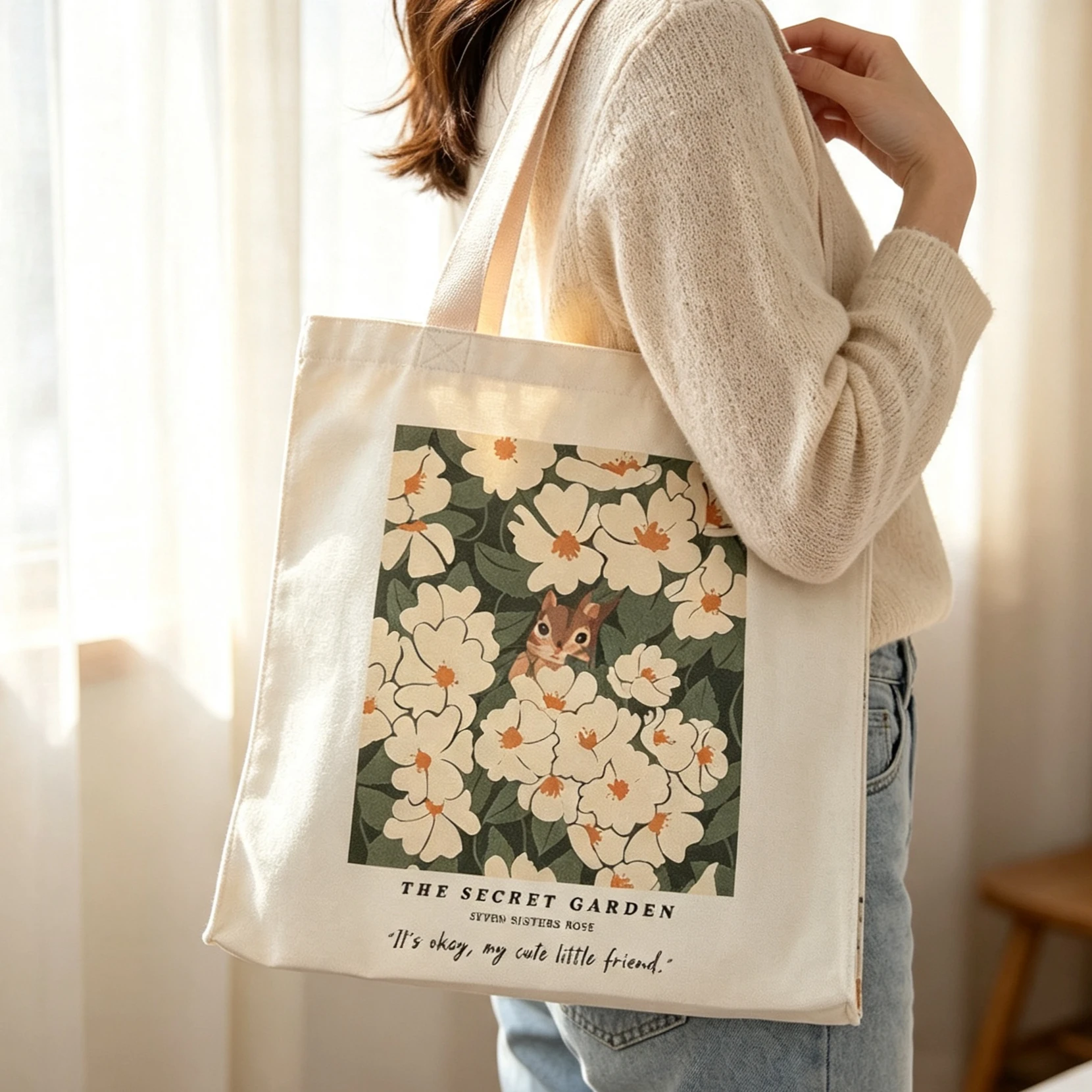 The Secret Garden Canvas Tote Bag Floral Squirrel Print Shoulder Bag Botanical Aesthetic Reusable Daily Shopping Handbag Womens