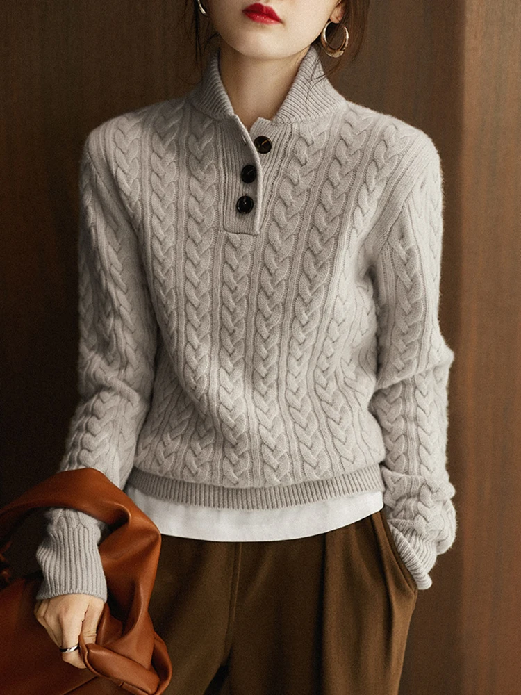 Knitted Pullover Top Sweater, Stand-up Collar, Half-Open Lapel, Twisted Twist Texture, Pure Cashmere, Baseball, Elegant