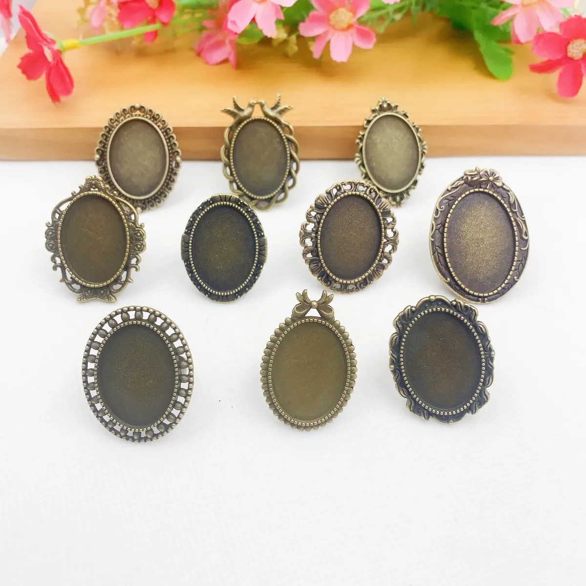 Onefrezowanie Fit 18x25mm owalne Cabochons pierścienie baza puste ustawienie Bezel dla akcesoria do wyrobów DIY 10 sztuk K06343