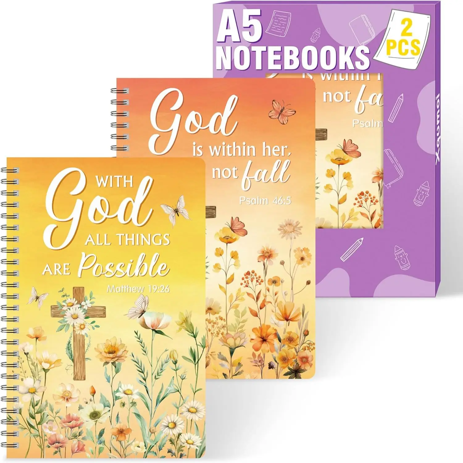 2 Pack Fall Wildflower A5 Notebook Orange Watercolour Psalm Cross Notebook Gift for Thanksgiving Day Back to School
