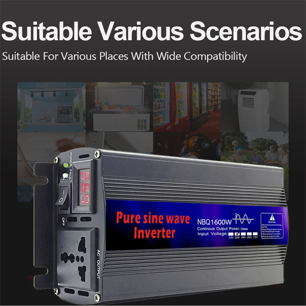 Pure Sine Wave Inverter Power Inverter 1000W 1600W DC 12V 24V 48V 60V To AC 220V Solar Converter Suitable For Home And RV