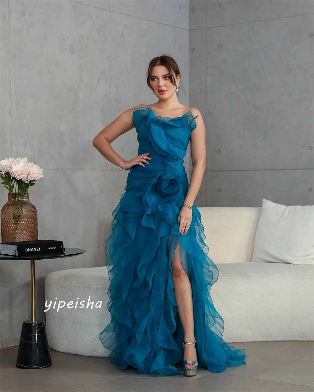 Organza Draped Pleat Ruched Homecoming A-line Strapless Bespoke Occasion Gown Long Dresses