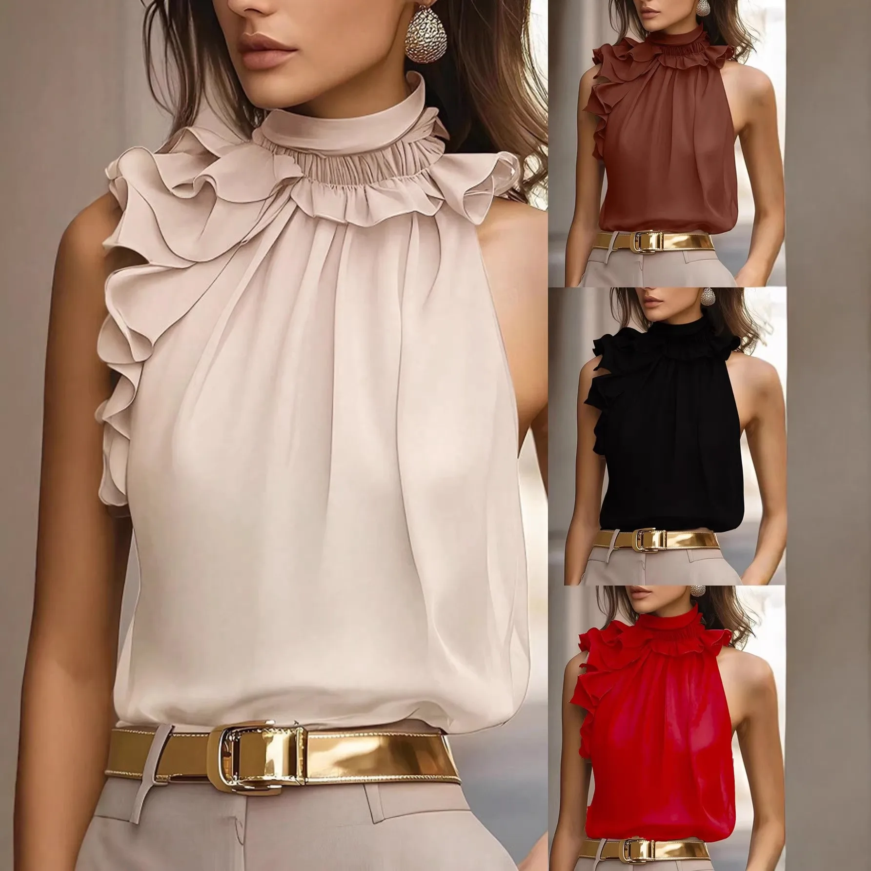 

Summer Women's Blouse Sleeveless Ruffle Collar Blouses Halter Neck Sheer Chiffon Blouse Asymmetrical Ruffle Light Beige Top