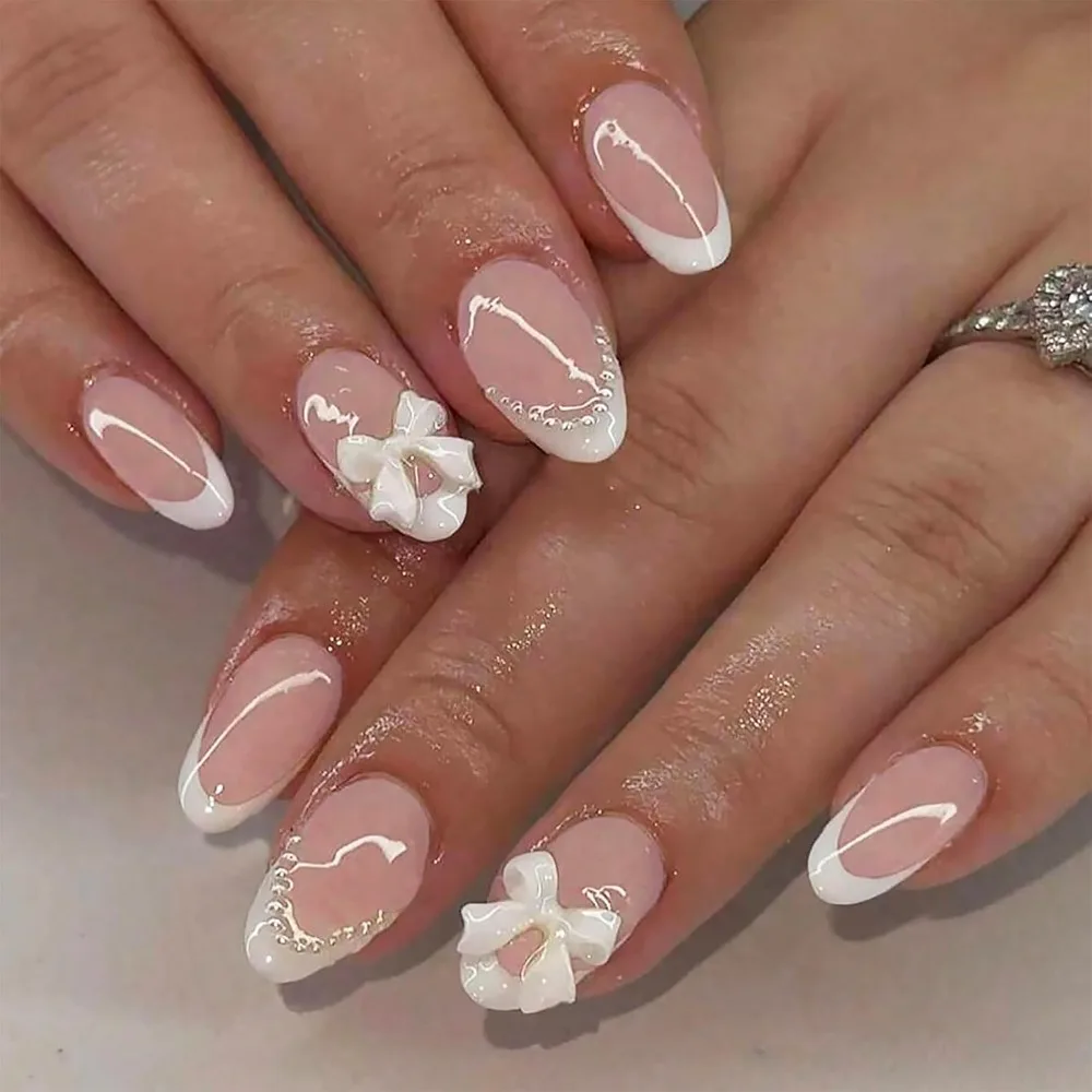 24Pcs White French Tip Press on Nails Short Almond Fake Nails with 3D Bow Pearl Design Cute Acrylic Nails Kit Glossy Nude Pink - Detail 1