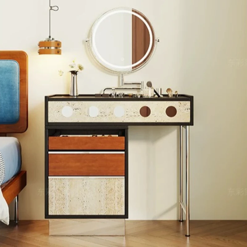 Bauhaus Style Retractable Vanity Table with Chest of Drawers Dressing Desk with Round LED Mirror Combination Makeup Dresser