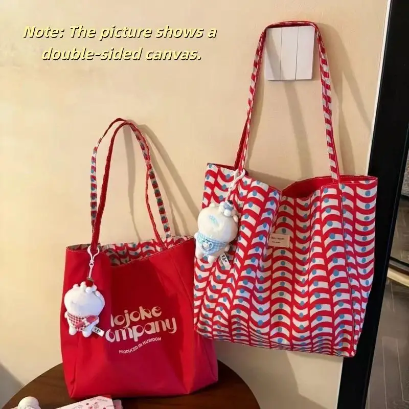 Korean Reversible Canvas Tote Bag Large Capacity Casual Women's Handbag Shoulder Bags Commuting Bag Students Girl Shopping Bag