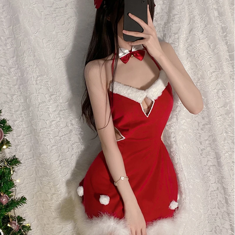 Plush Sweet Christmas Red Dress Suit Women Sexy Santa Party Miniskirt Kawaii Anime Cosplay Costumes Halter Cute Home Pajamas New