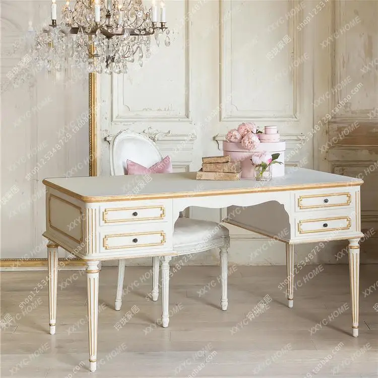 Solid wood retro desk chair gold painting bedroom makeup table student writing computer desk