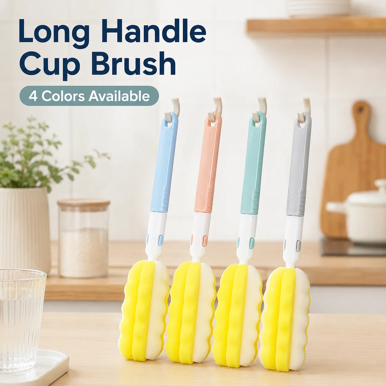 Long Handle Cup Cleaning Brush, Foldable Bottle Brush with Replaceable Sponge Head, Kitchen Dishwashing Brush Tool for Cups, Bottles, Mugs and Glassware, Detachable Cleaning Brush for Household Daily Use