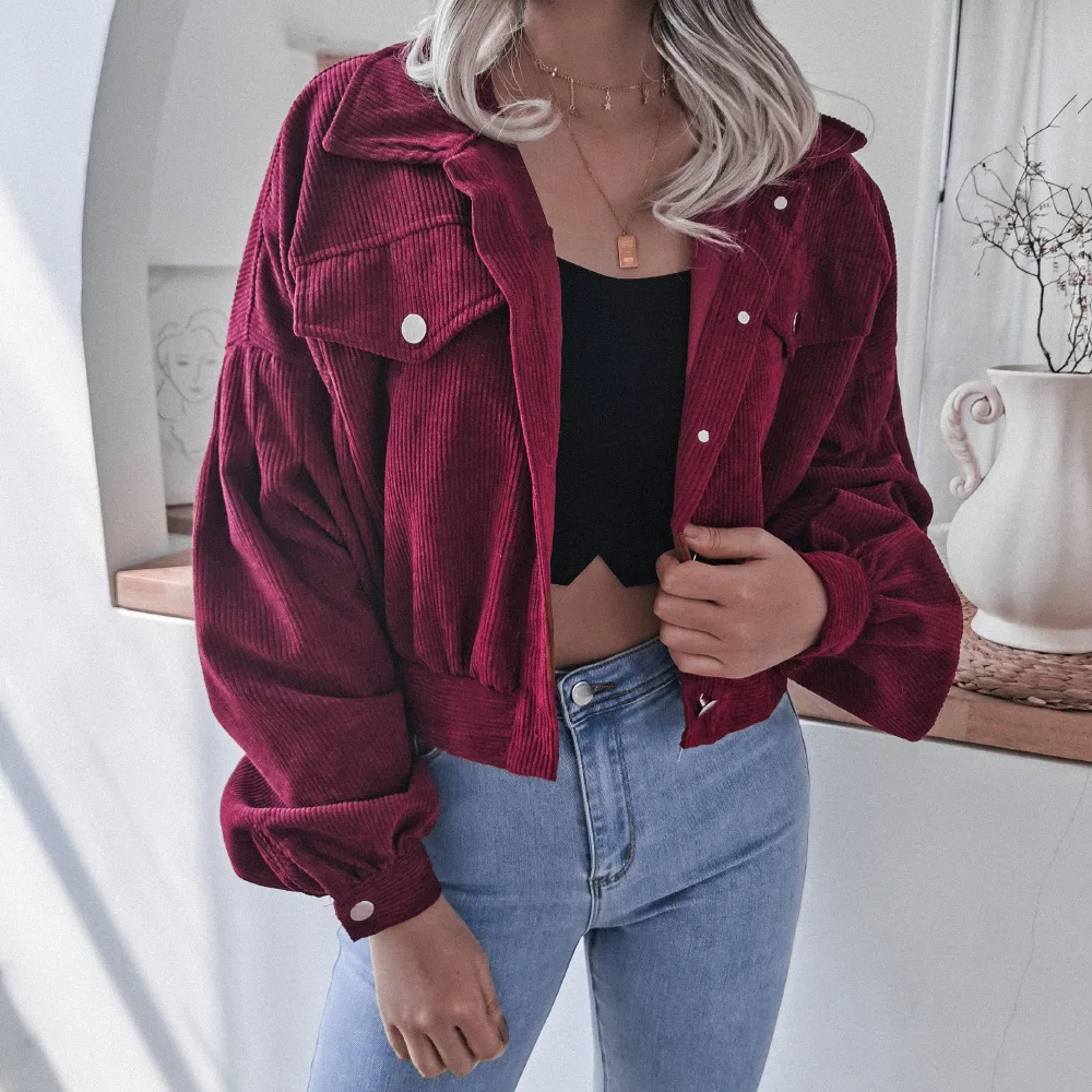 Otoño Invierno abrigo corto de pana sólido cuello vuelto linterna chaqueta de manga larga de un solo pecho ropa de mujer Casual