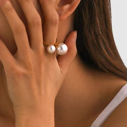 Light Cozy 18k Gold Plated Minimalist Simple Size Asymmetric Pearl Opening Ring Personalized Stainless Steel Statement Jewelry