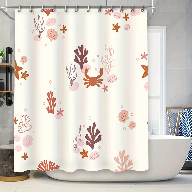 

Underwater World Shower Curtain Modern Sea Life Design for Bathroom Decor White Fabric with Pink Brown Seashells, Starfish Coral