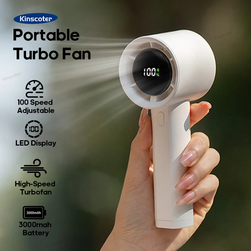 KINSCOTER New Portable Handheld Turbo Fan 100 Wind Speeds Adjustable Office High Speed Turbo Fan 3000mAh with Digital Display