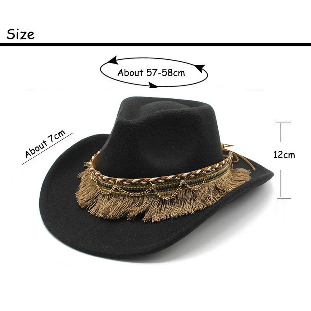 Cowboy Hat For Women And Men Tassels Jazz Cap Woolen 57-58cm Ethnic Style Curved Brim High Quality Cowgirl NZ0062