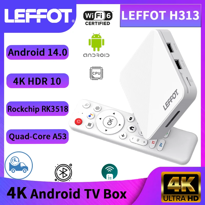 

LEFFOT H313 TV Box Android 14.0 Rockchip RK3518 Smart TV BOX 4K 2.4G&5G Dual Wifi6 HD Google Voice Media Player Set Top Box