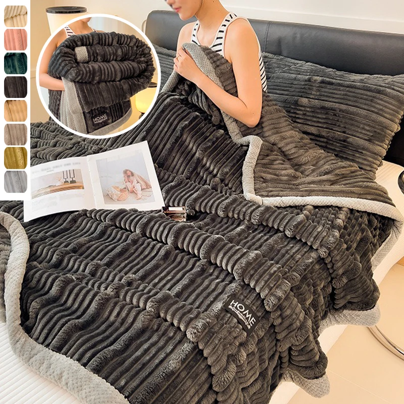 

New Premium Rabbit Plush Winter Blanket Double Sided Design Thick Warm Coral Fleece Solid Color for Bedroom Sofa Office Decor