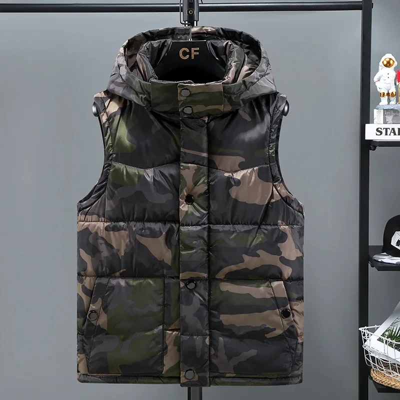 

Hot Selling Camouflage Cotton Vest Men's New Autumn and Winter Cardigan Hooded Thick Vest Fashionable Sleeveless Vest Men Jacket