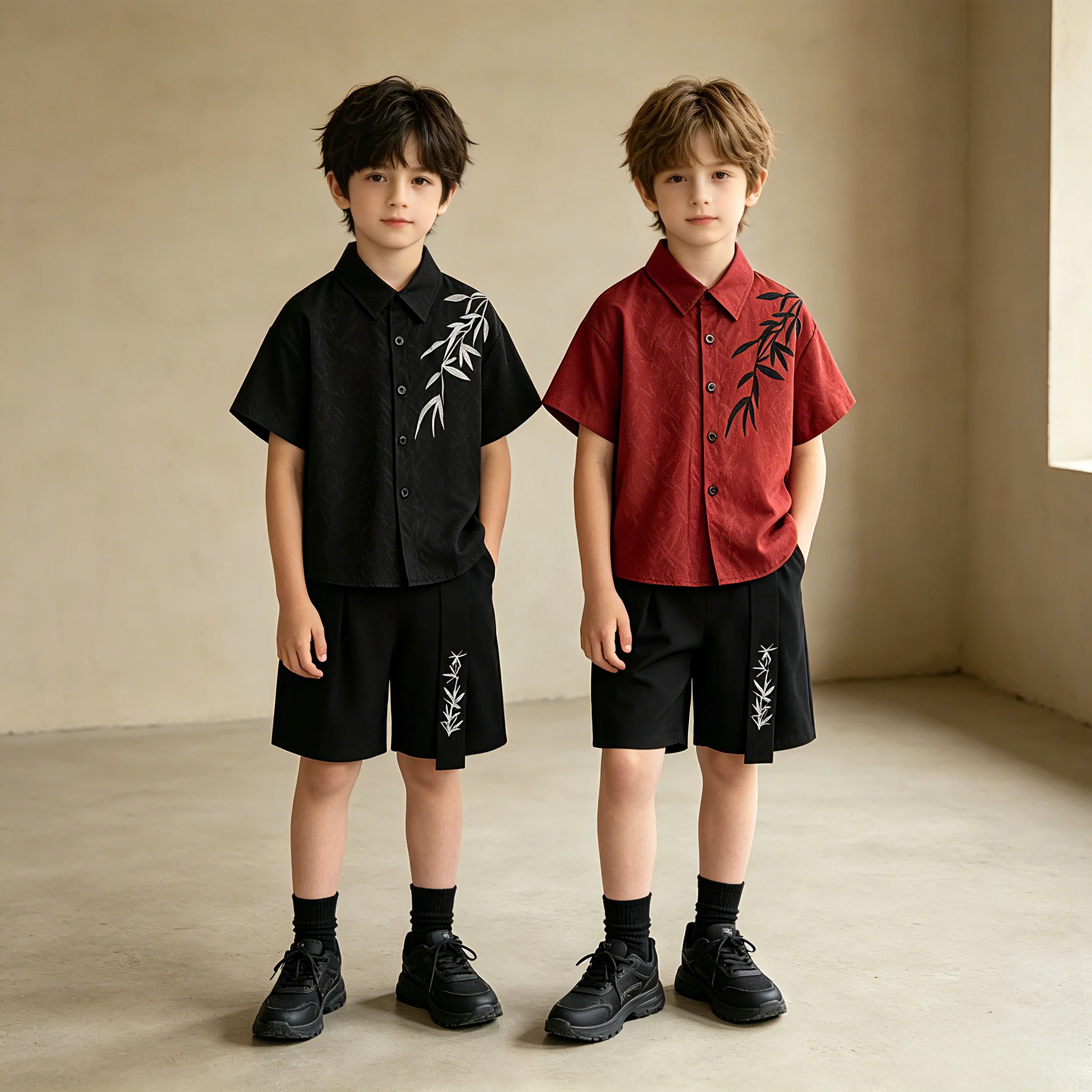 Boys Chinese Style Set Black Bamboo Embroidered Shirt & Shorts Kids Summer Traditional Outfit for Party, Festival & Photoshoot