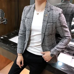 2024 Spring New Men's Casual Plaid Suit Jacket Men Plaid Business Self-cultivation Wedding Dress Party Blazer Coat