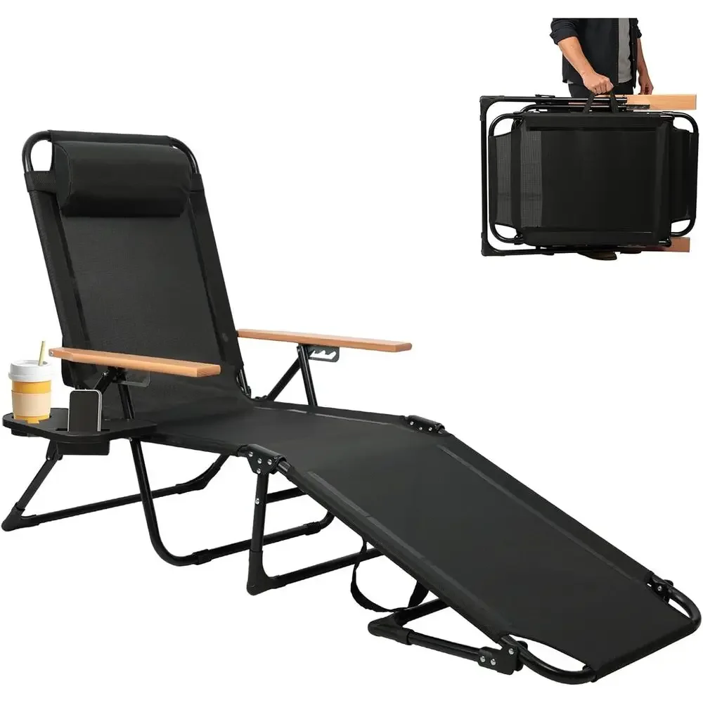 Adjustable Outdoor Chaise Lounge with Wooden Armrests, 4-Position Recline, Removable Pillow, Ideal for Patio, Garden, Beach, or