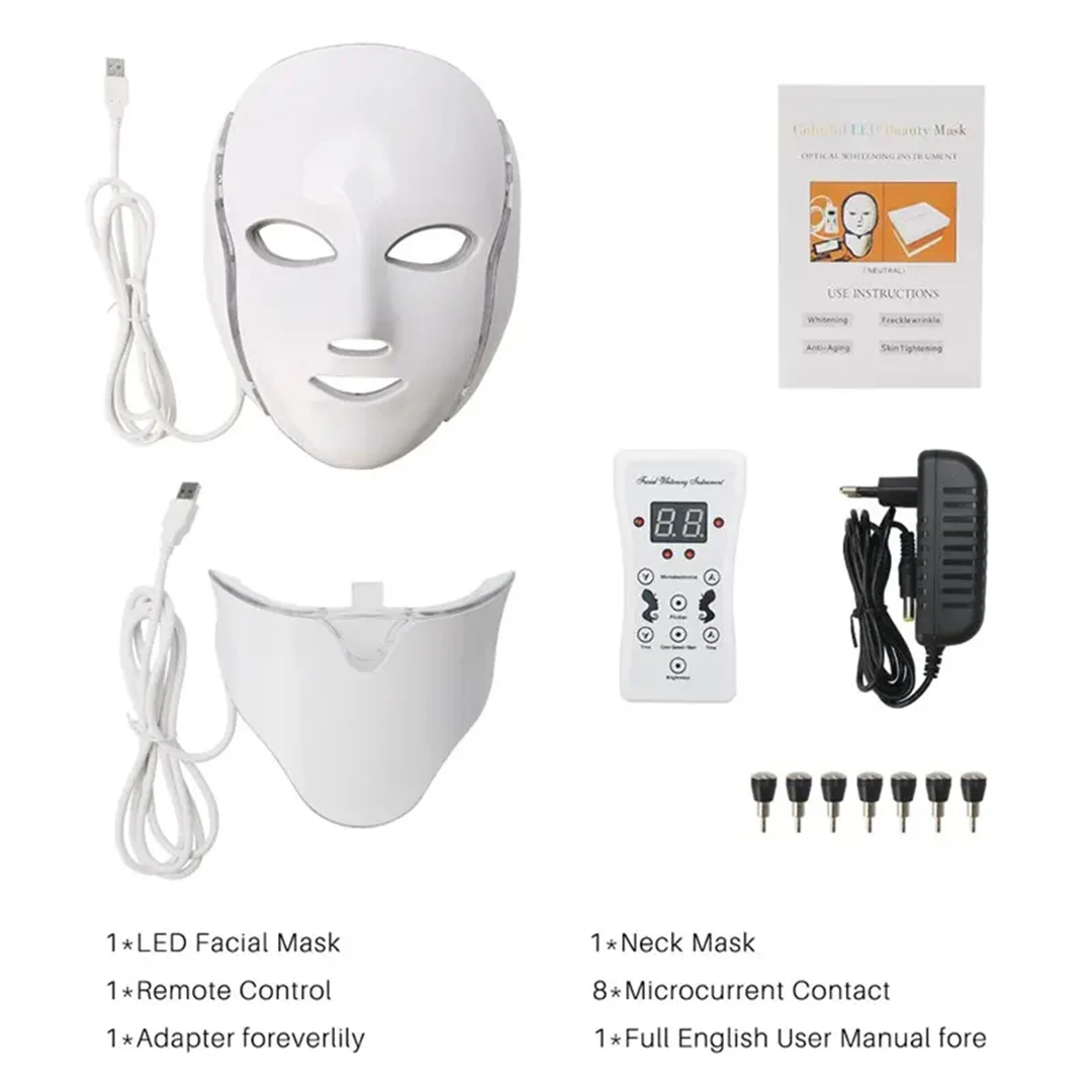 7 cores led face lifting firme massageador máscara facial com pescoço led terapia de luz máscara rejuvenescimento da pele anti acne dispositivo beleza