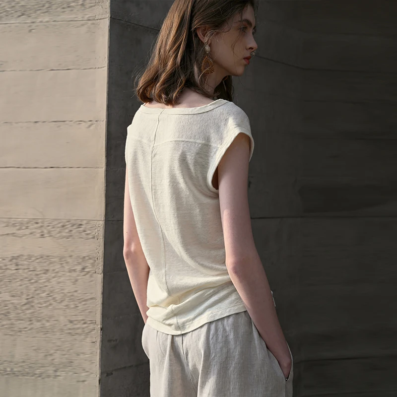 

Женские футболки из 100% конопли, однотонные вязаные высококачественные легкие дышащие тонкие повседневные топы на одно плечо с откидным воротником