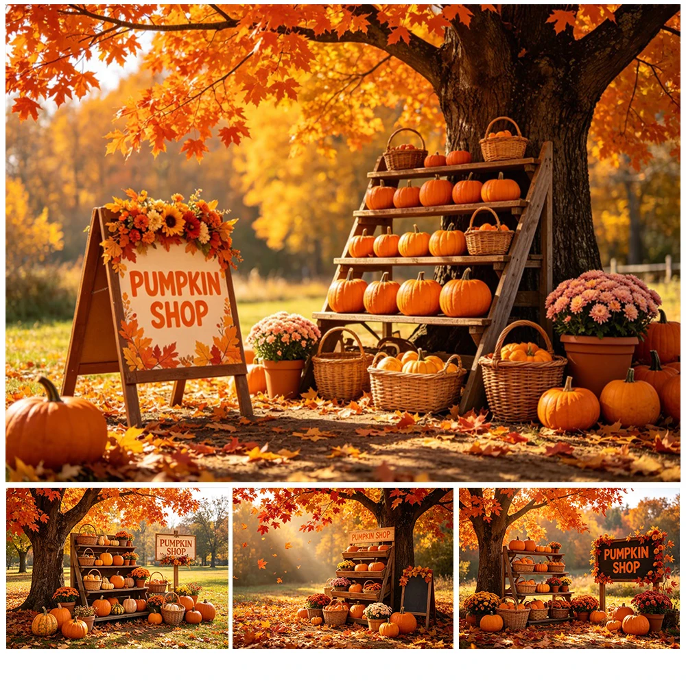 Autumn Pumpkin Shop Photography Backdrop Pumpkins Maple Leaves Flower Fall Harvest Thanksgiving Party Decor Photozone Background