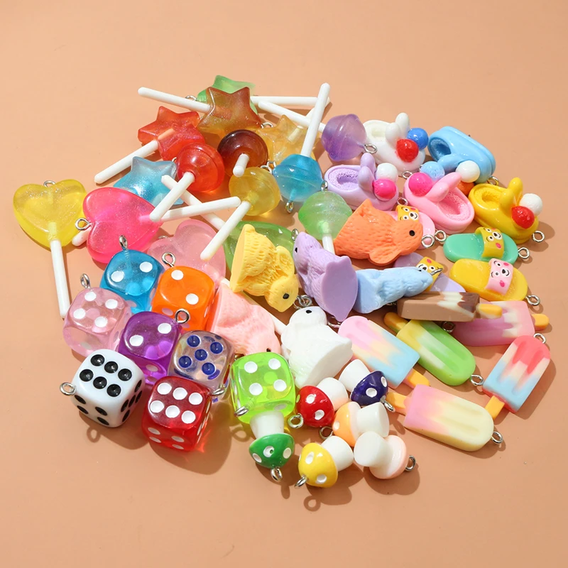 10 unidades, colgantes de resina, dijes de conejo, piruleta, helado, mezcla aleatoria, colgante, decoración para llavero, suministros de fabricación de joyas