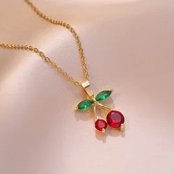 Stainless Steel Chain Classic Shiny Zircon Cherry Pendant Necklace for Women Girls Vintage Cute Cherry Jewelry Accessories Gifts