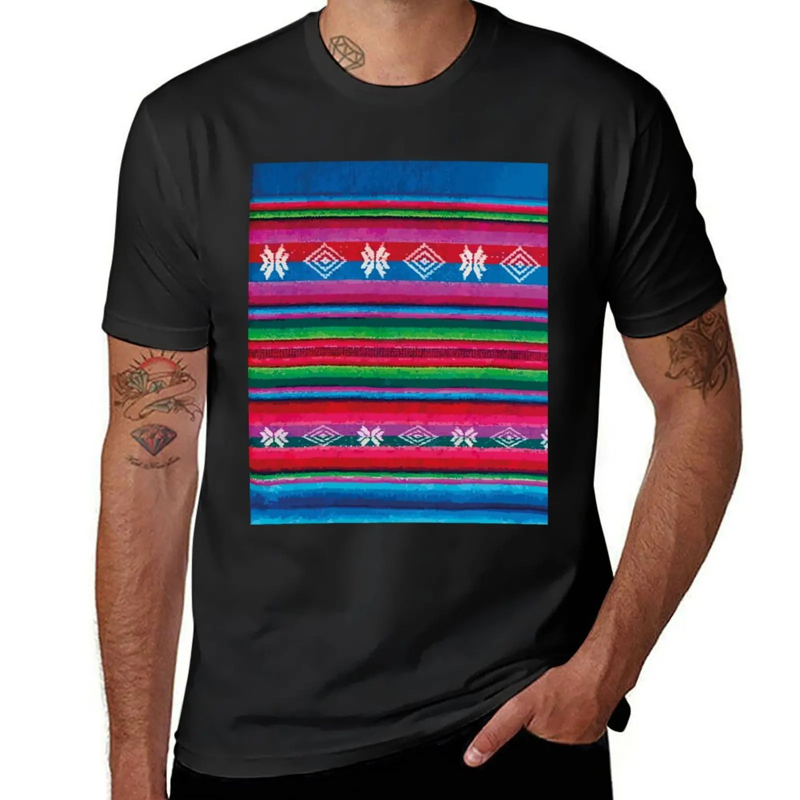 Mexican serape embroidered poncho fabric rainbow maximalist decor T-Shirt heavyweights funnys Short sleeve tee Men's clothing