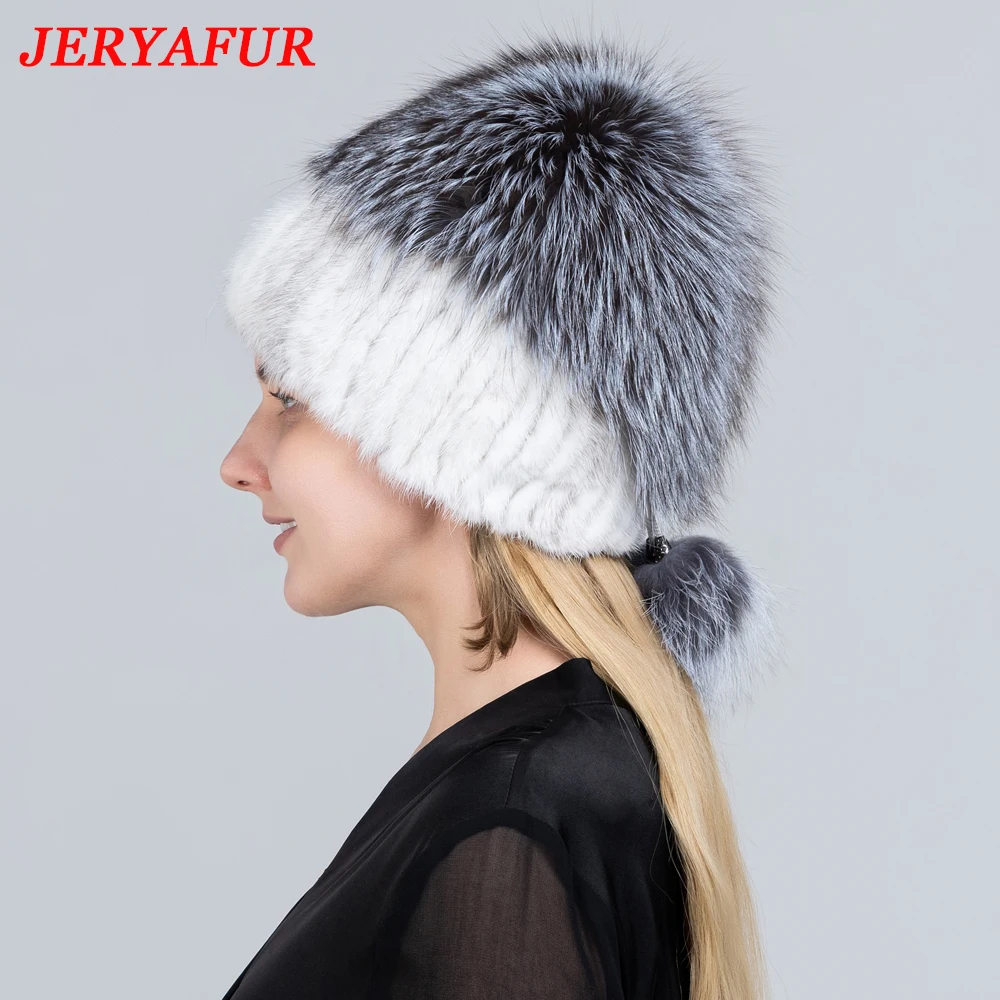 JERYAFUR Women\'s Winter Fur Hat Natural Fur Knitted Mink Fox Pom Pom Fur Hats with Balls Stylish Warm Fashion Girls Beanies Hat