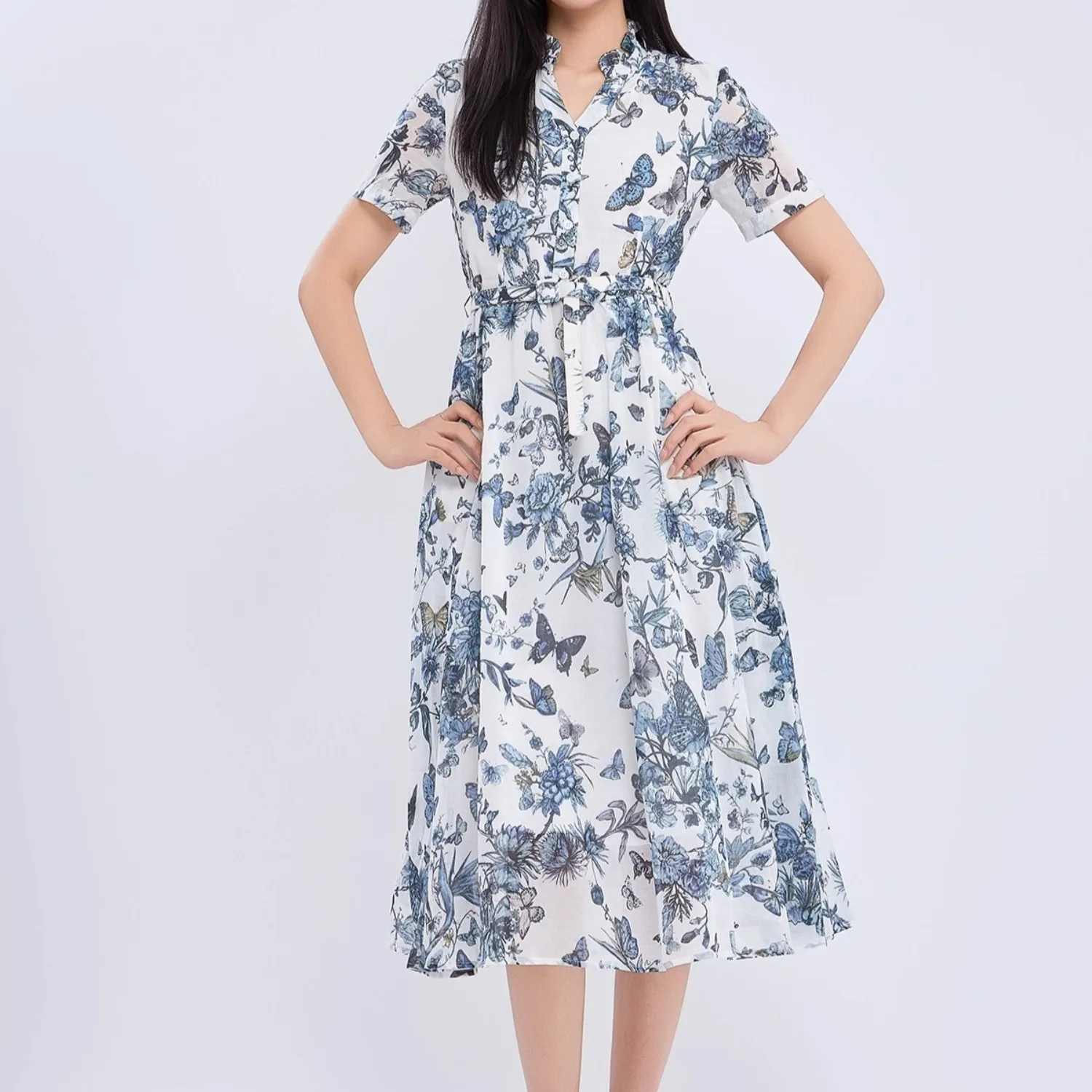 

Butterfly Printed Elegant Women Dress with Sashes Stand Neck Clothing Lady Vintage Streetwear Holiday Party Vestidos Bodycon