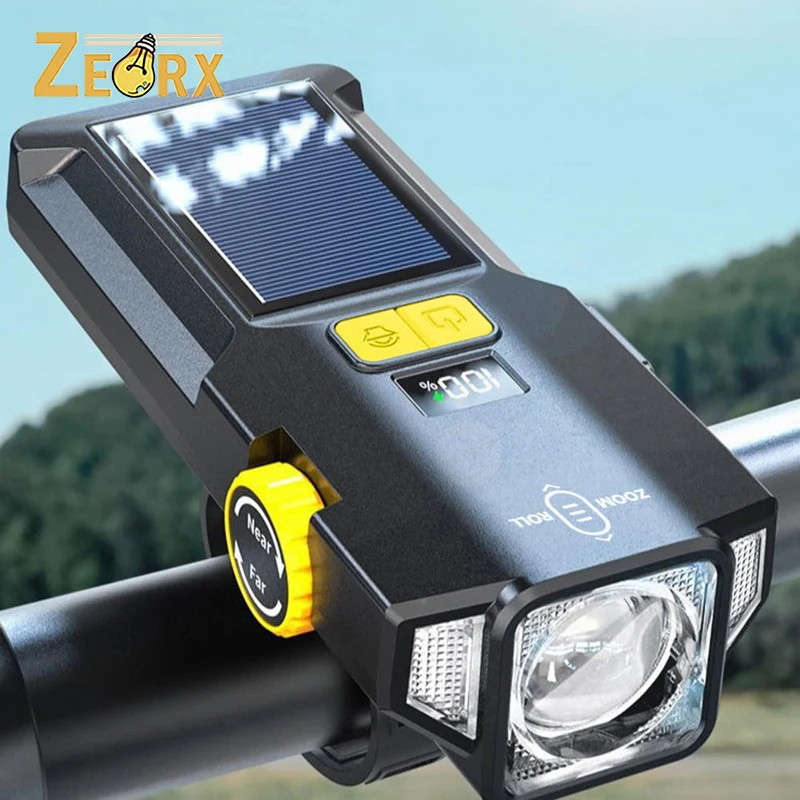 

Solar & USB Rechargeable Bike Light with Power Display Adjustable Focus Built-in Battery Easy Install Bicycle Headlight