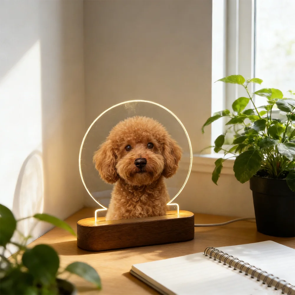 

Personalized Pet Photo Night Light Custom Text Light 3 Color Adjustable LED USB Solid Wood Base Eco Friendly Gift for Pet Lovers