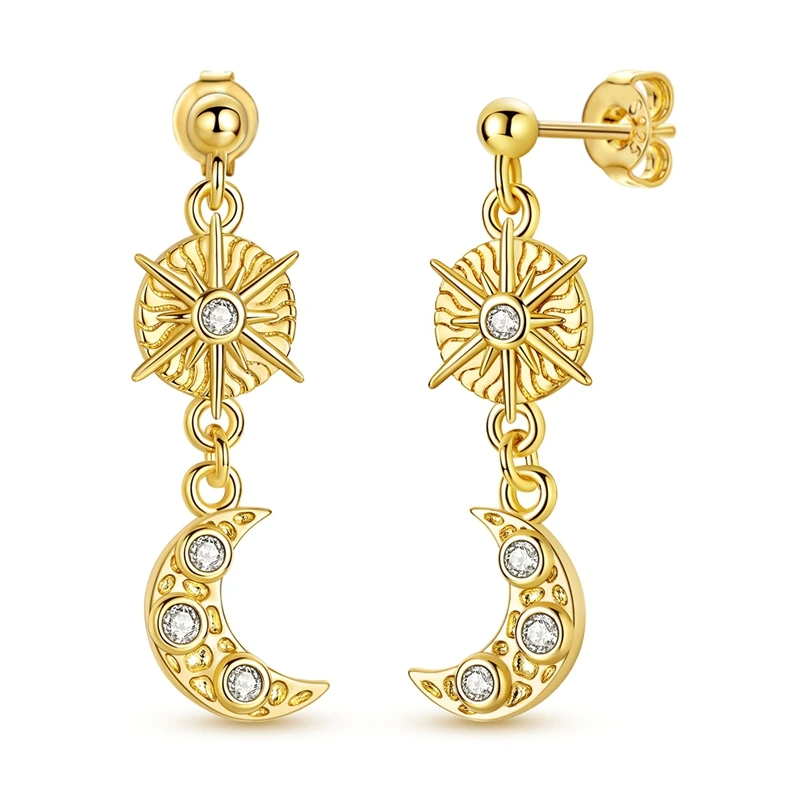 

925 Sterling Silver Earrings Women Sparkling Golden Star and Moon Stud Earring For Anniversary Wedding Jewelry Gifts