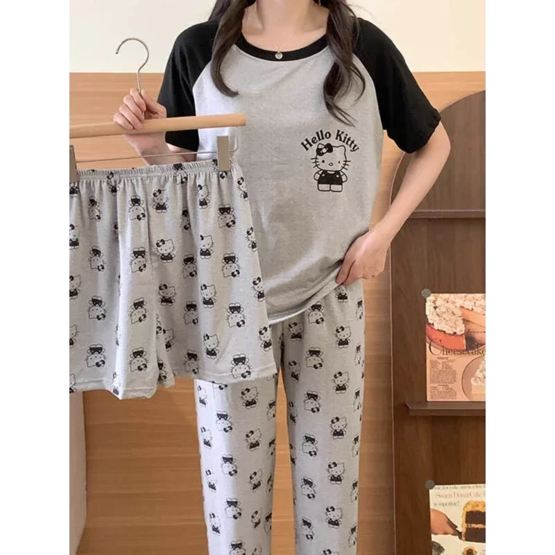 Sanrio Hello Kitty pijamas de seda de verano para mujer de algodón Casual de dibujos animados de tres piezas pijamas de mujer ropa de casa pijamas