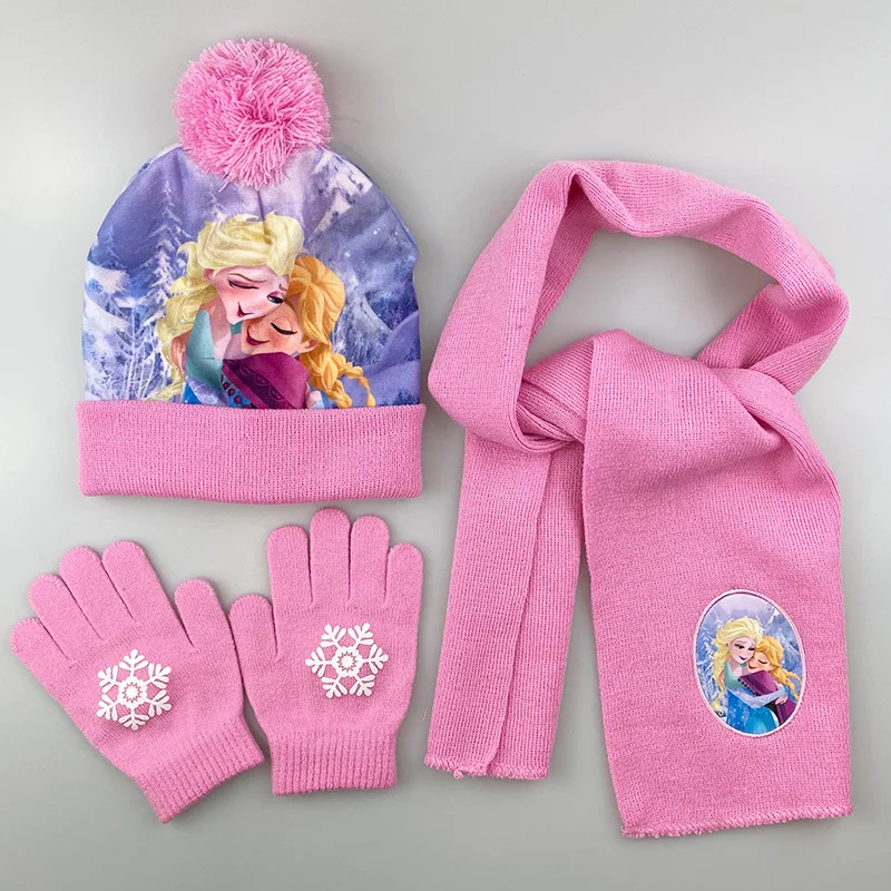 Disney Elsa and Anna Scarf Hat and Glove 3Sets Mickey Accessories Winter Keep Warm Knitting Woolen Yarn Frozen Head Cap for Kids