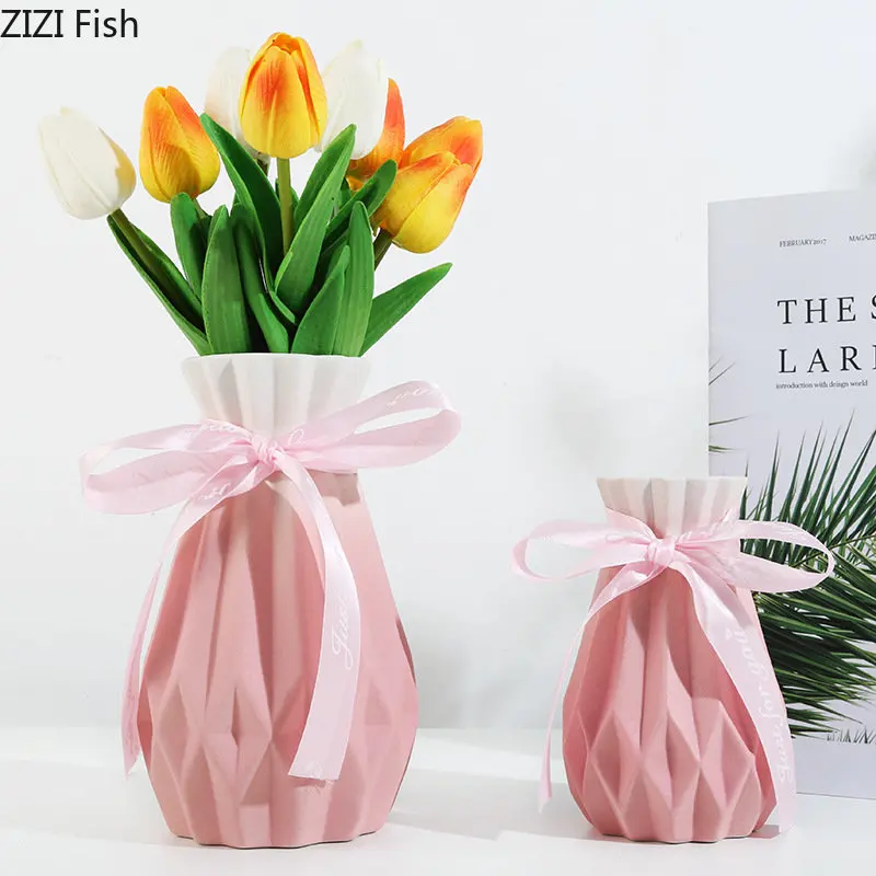 Cute Knot Bow Ceramic Vase Artificial Flowers Decorative Flower Arrangement Desk Decoration Ornaments Crafts Floral Vases