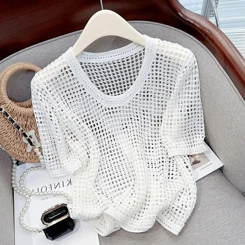Knitted TShirt for Women Summer Hollow Breathable Pullover Thin Korean Elegant Short Sleeve Women's Top T-Shirt Tops Clothing