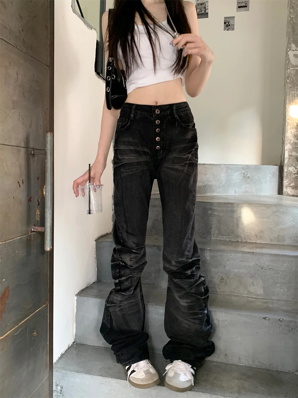 2025 Autumn Winter Women's Denim Pants Y2K Gothic Stacked Jeans Men Jeans Grunge Harajuku Cowboy Punk Mom Jeans Black New In